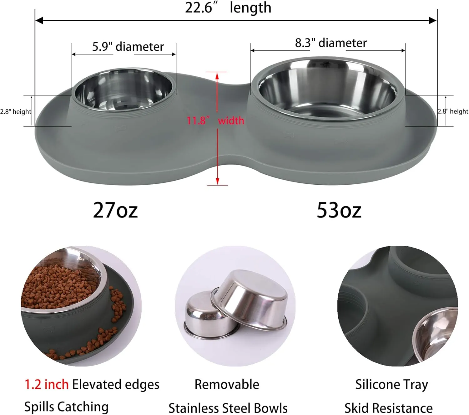 100% Waterproof BPA Free Pet Dog Bowls2 Stainless Steel53oz 27oz with 1.35 Raised Edge Silicone Mat   Slow Feed Dog Water and Food Bowls for Feeding Small Large Dogs Cats Puppies (Gray)