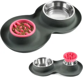 100% Waterproof BPA Free Pet Dog Bowls2 Stainless Steel53oz 27oz with 1.35 Raised Edge Silicone Mat   Slow Feed Dog Water and Food Bowls for Feeding Small Large Dogs Cats Puppies (Gray)