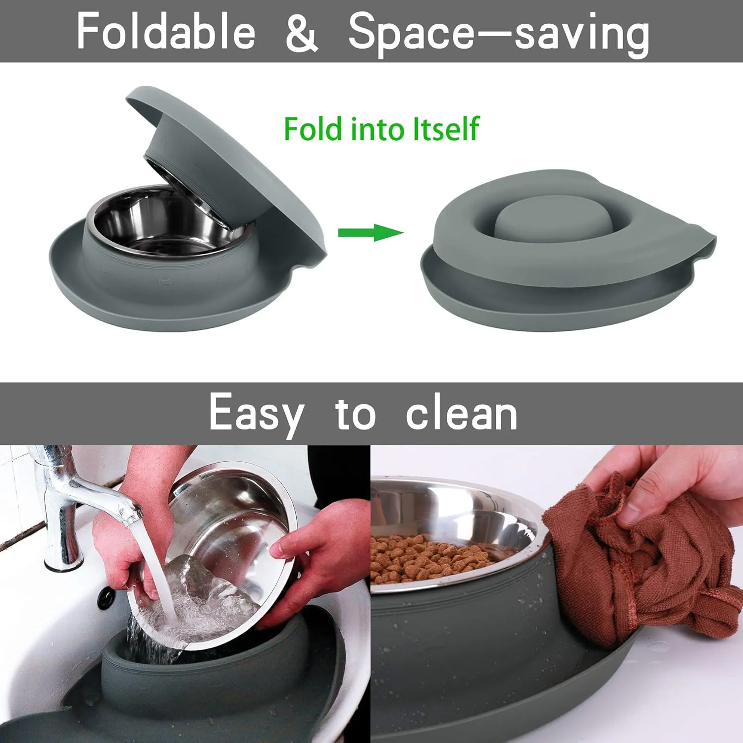 100% Waterproof BPA Free Pet Dog Bowls2 Stainless Steel53oz 27oz with 1.35 Raised Edge Silicone Mat   Slow Feed Dog Water and Food Bowls for Feeding Small Large Dogs Cats Puppies (Gray)