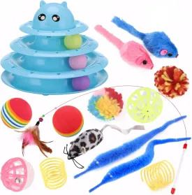 15 Pcs Cat Toys for Indoor Cats 3 Tier Tower Interactive Feather Teaser Wand Ball Toy for Kitten Cats