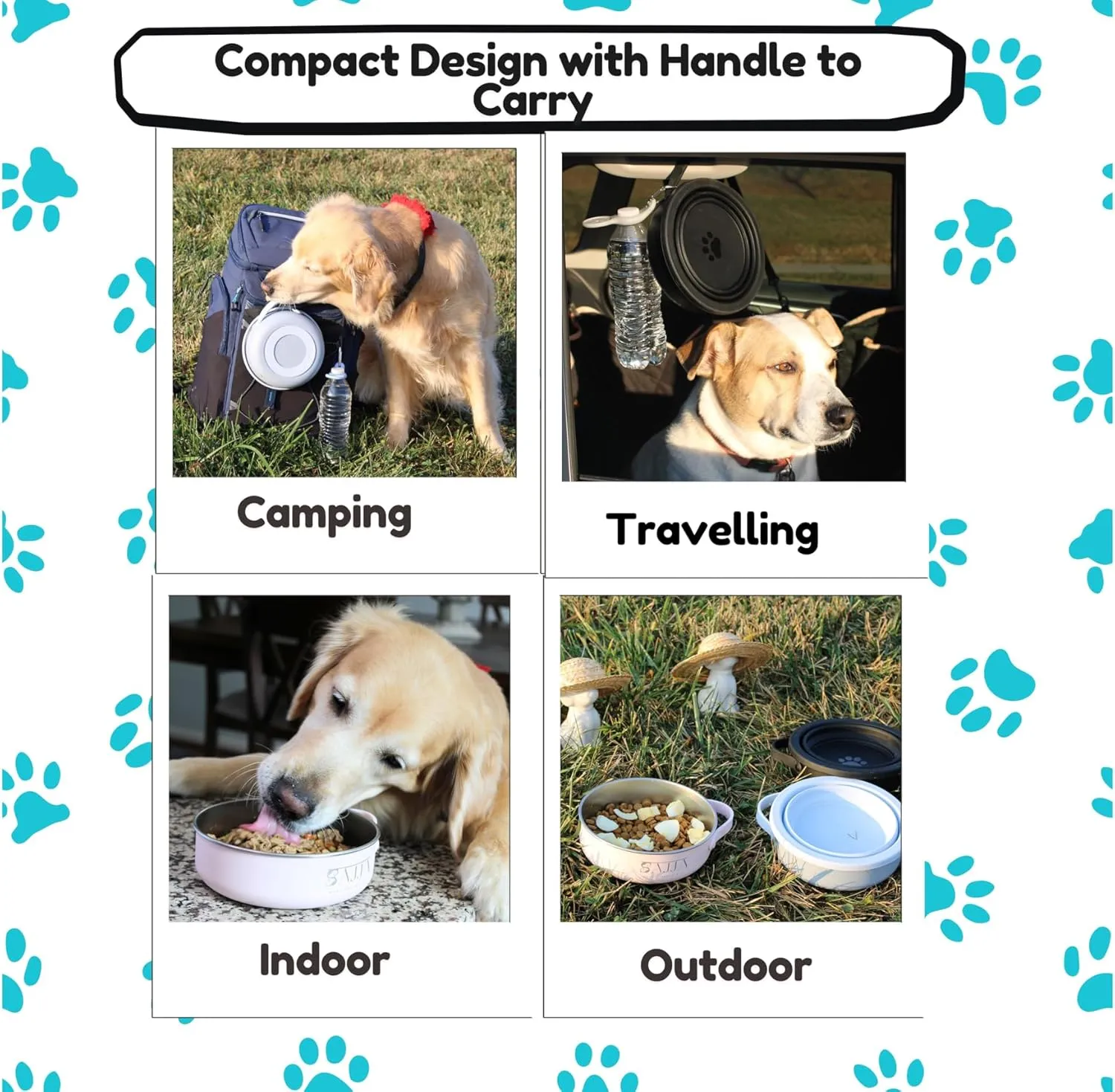 3-in-1 Insulated Stainless Steel Dog Travel Bowl with Collapsable Lid, Handle and Water Bottle Holder with Carabiner| BPA -Free | Non Slip Rubber Bottom| Portable, Great for Indoor & Outdoor