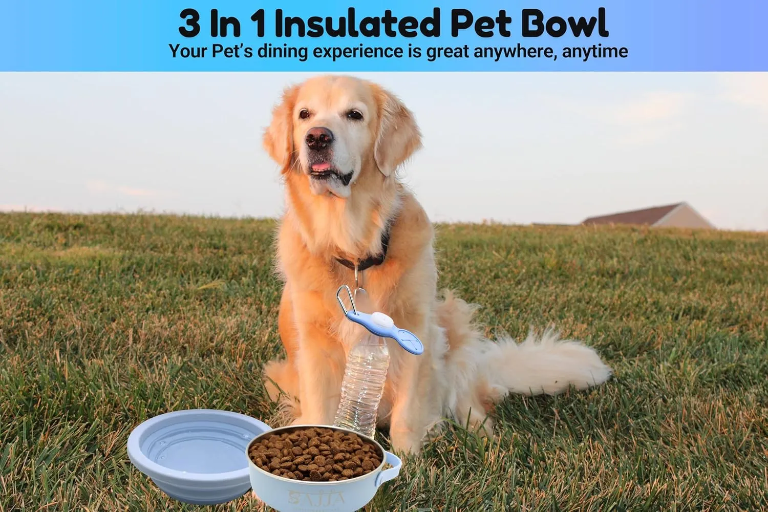 3-in-1 Insulated Stainless Steel Dog Travel Bowl with Collapsable Lid, Handle and Water Bottle Holder with Carabiner| BPA -Free | Non Slip Rubber Bottom| Portable, Great for Indoor & Outdoor