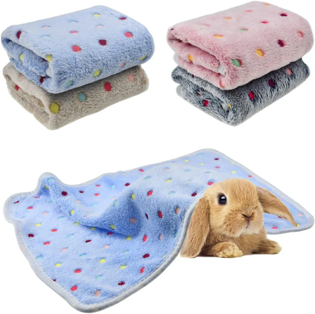 4 Pieces of Guinea Pig Blanket, Hamster Fleece Cage Liners Soft Warm Bunny Sleep Bedding Mat Cute Dot Pattern for Guinea Pig Hamster Rabbit Chinchilla Hedgehog (Blue, Pink, White, Grey)