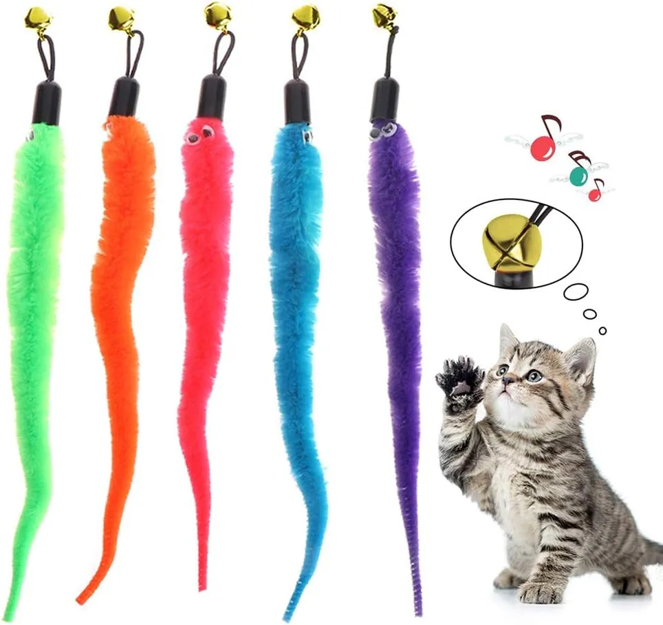 5pcs/Set Colorful Pet Kitten Cat Toys Teaser Replacement Refill Plush Caterpillar with Bell (5 in Blue, Purple, Orange, Pink and Green)