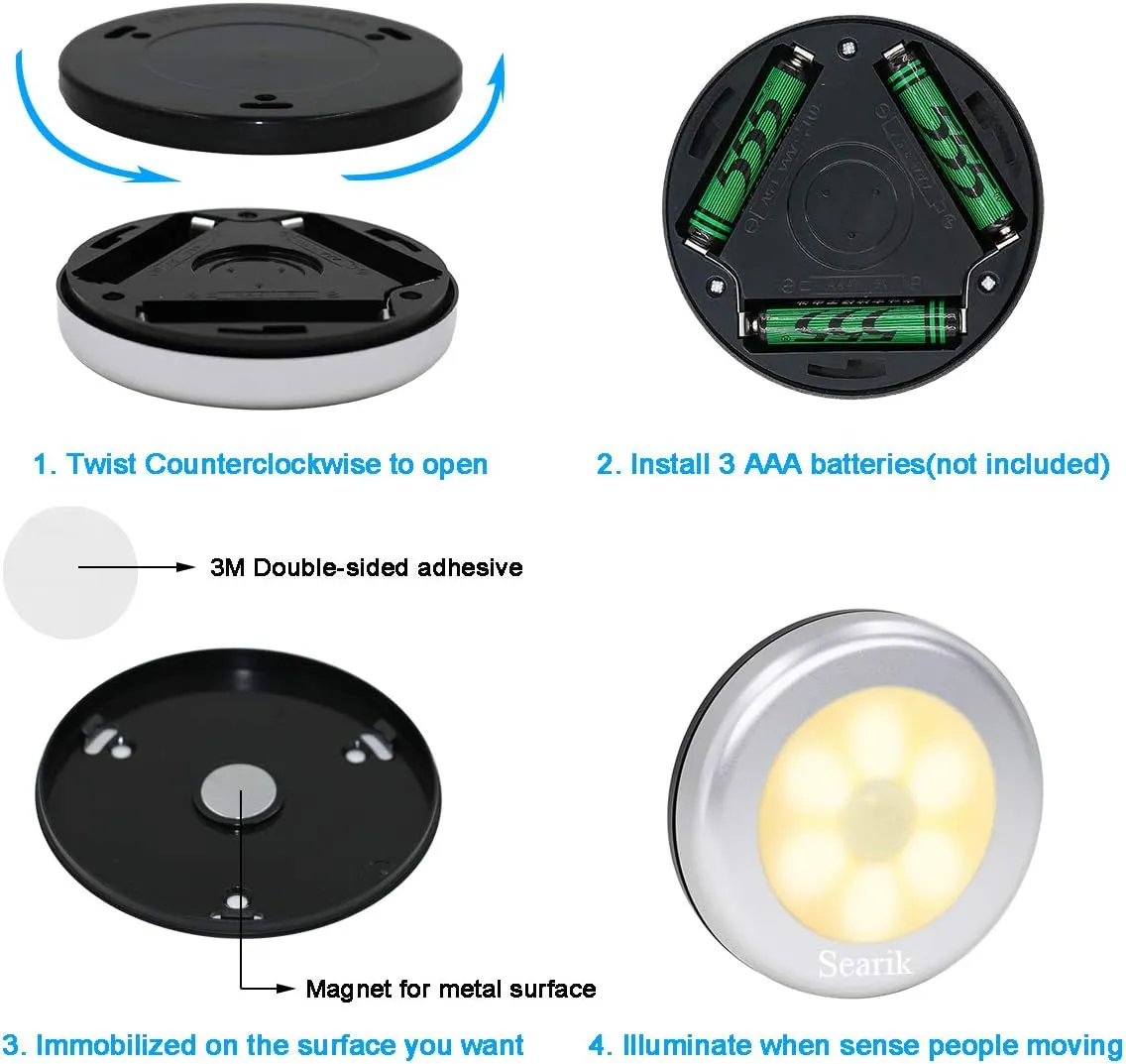 6 Pcs Motion Sensor Night Light Indoor, Cordless Battery Operated LED Night Light Step Lights Wireless Under Cabinet Lighting Safety Lamp for Bedroom Kitchen Stair Bathroom Closet Hallway Path