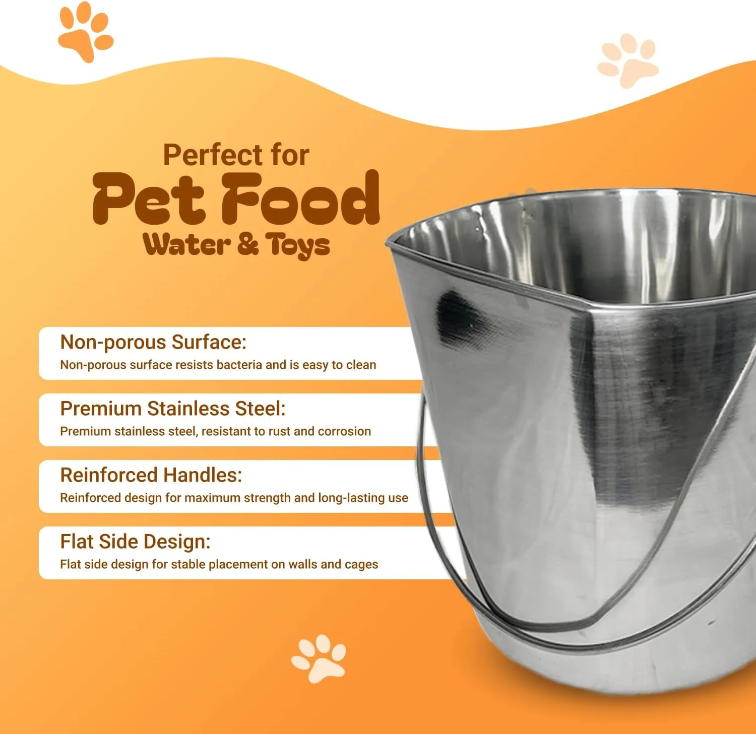 6 Quart Heavy Duty Stainless Steel Flat Side Bucket | Durable Food & Water Pail for Dogs, Cats, Kennels, Cages and Critter Crates | Multi-Purpose Bucket