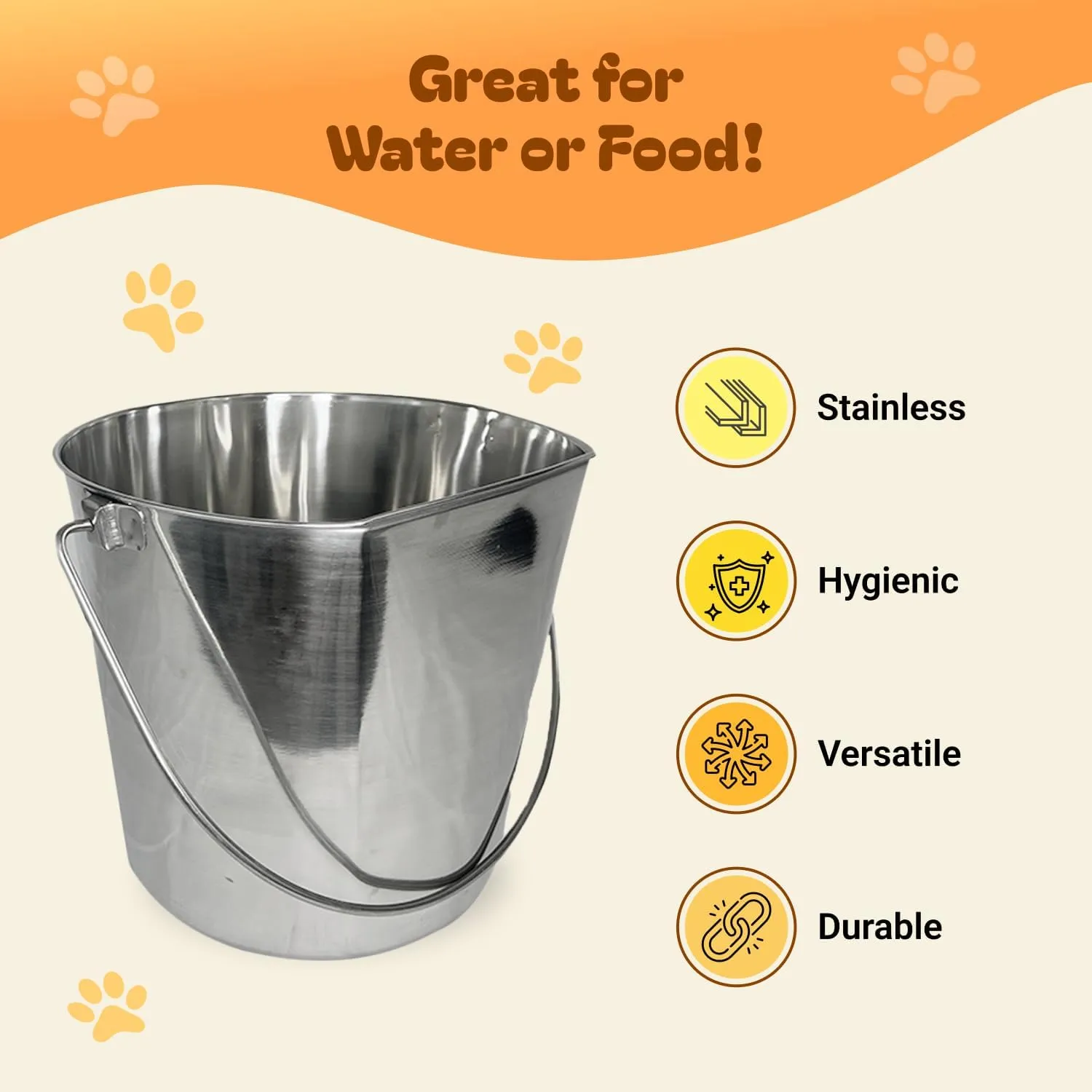 6 Quart Heavy Duty Stainless Steel Flat Side Bucket | Durable Food & Water Pail for Dogs, Cats, Kennels, Cages and Critter Crates | Multi-Purpose Bucket