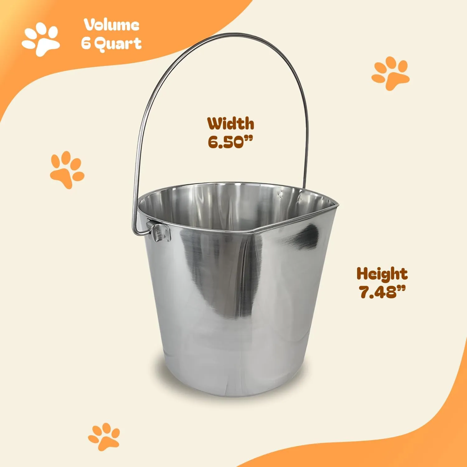 6 Quart Heavy Duty Stainless Steel Flat Side Bucket | Durable Food & Water Pail for Dogs, Cats, Kennels, Cages and Critter Crates | Multi-Purpose Bucket