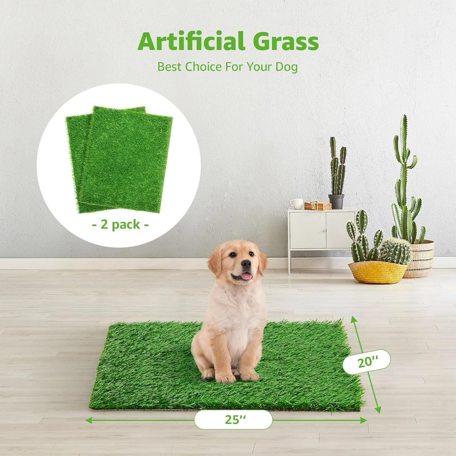 Artificial Dog Grass Pee Pad 20x 25 2 Pack, Washable Indoor Potty Training Replacement Turf for Puppy, Reusable Realistic Grass Mat for Dogs