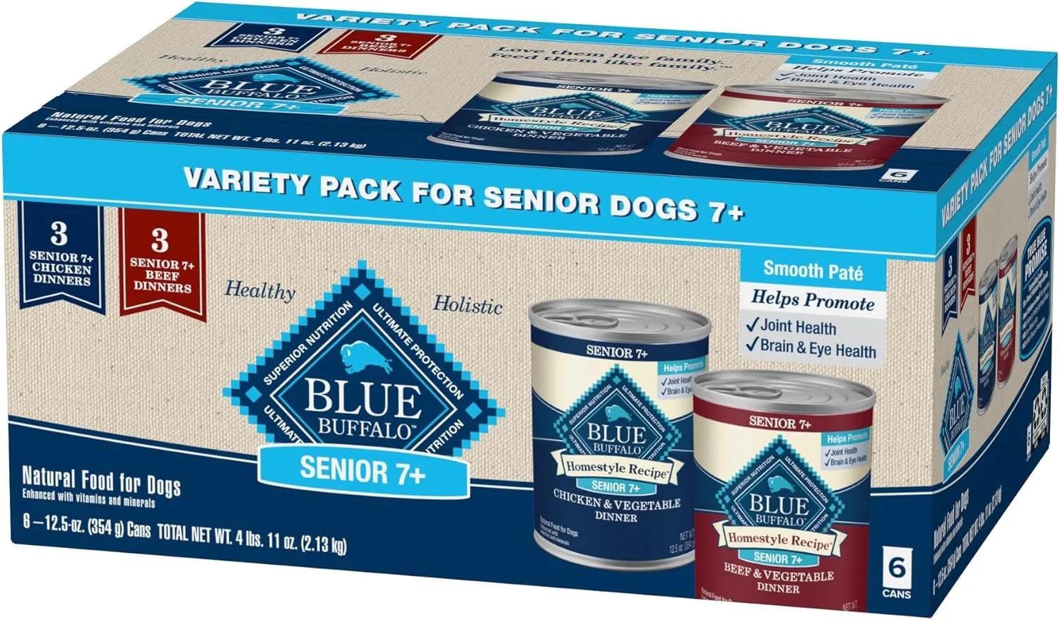 Blue Buffalo Homestyle Recipe Senior Wet Dog Food, Made with Natural Ingredients, Beef Dinner and Chicken Dinner, Variety Pack, (12.5-oz Cans, 3 of Each Flavor)