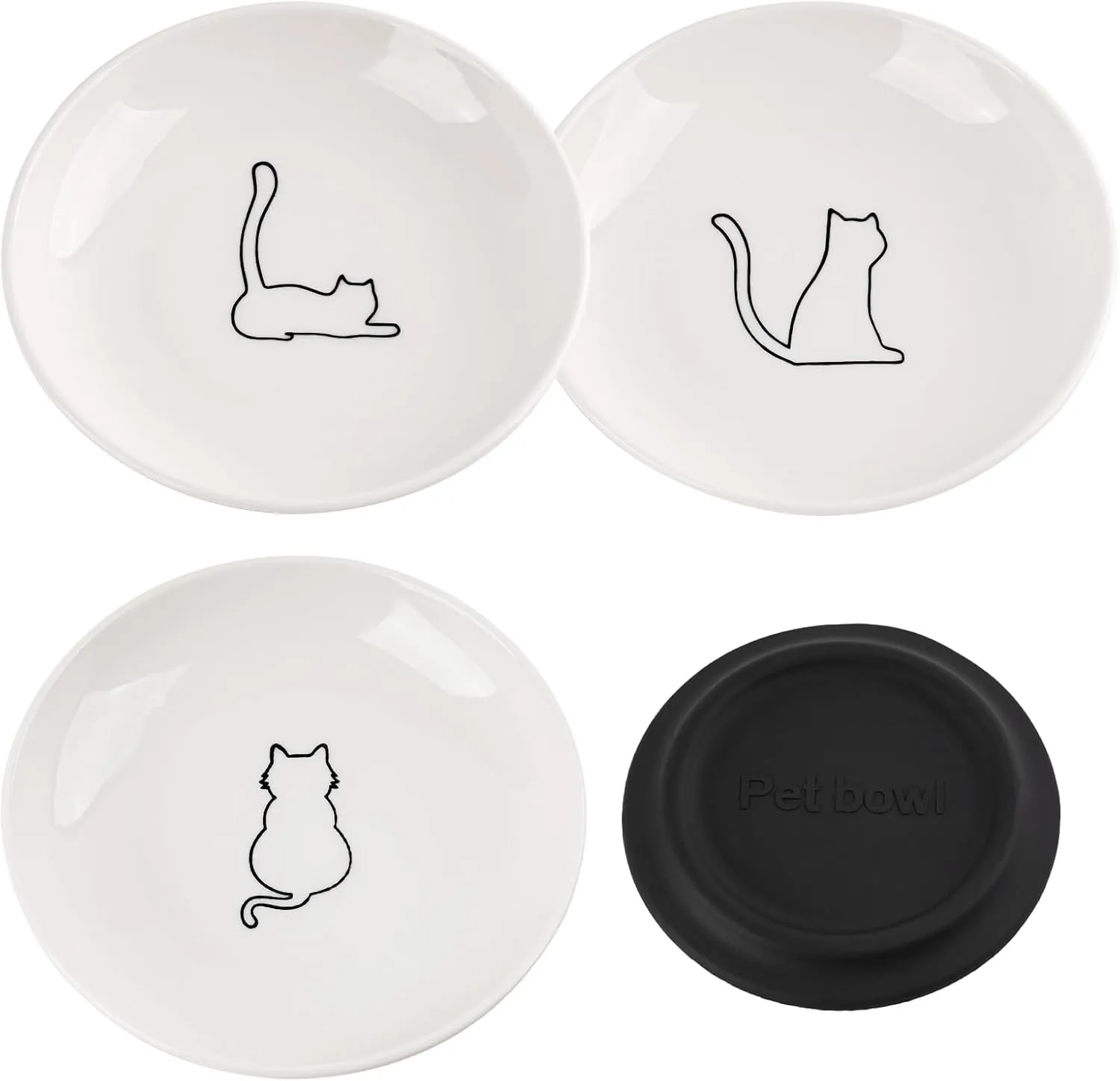 Cat Food Bowl,for Indoor Cats Ceramic Cat Bowls Set, Whisker Friendly Cat Dishes for Food and Water,5.91 Inch Shallow Kitten Feeding Plates, Cute Cat Bowl Set of 3 with Non-Slip Silicone Bottom