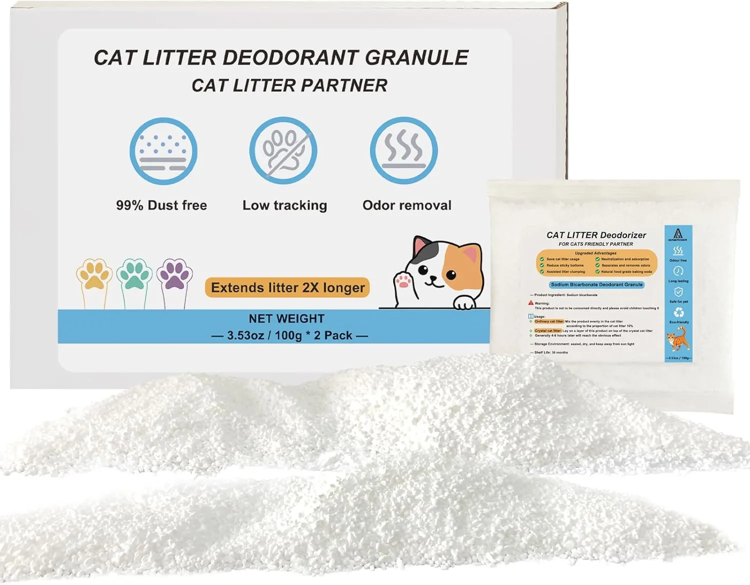 Cat Litter Deodorizer, Litter Box Odor Eliminator, Eliminate Smells Fragrance Free Natural Formula, Unpleasant Odor Control Remover Granules for Small Animal to Keep Home Fresh (Pack of 2)
