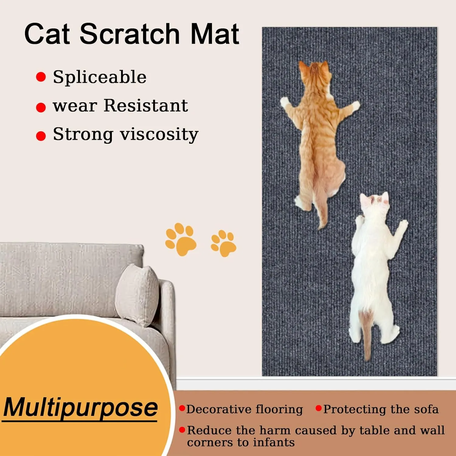 Cat Scratching Mat 11.8"x11.8" 2Pcs Cat Carpet Self-Adhesive Replacement Cat Wall Furniture Cat Scratch Furniture Protector Cat Couch Protector Cat Scratch Carpet (Grey)