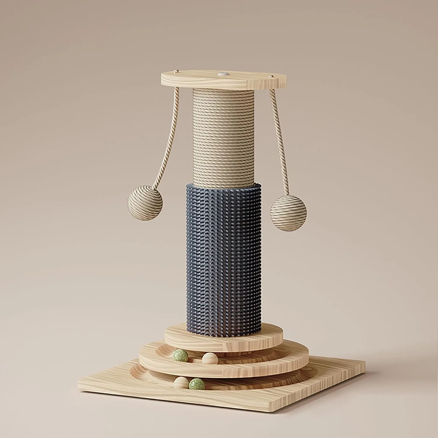 Cat Scratching Post, Indoor Cat Scratcher Kitten Toys Catnip Wooden Ball Track Two-Layer Modern Sisal for Kittens or Smaller Cats Scratch Post Interactive Toy with Dangling Ball Beige