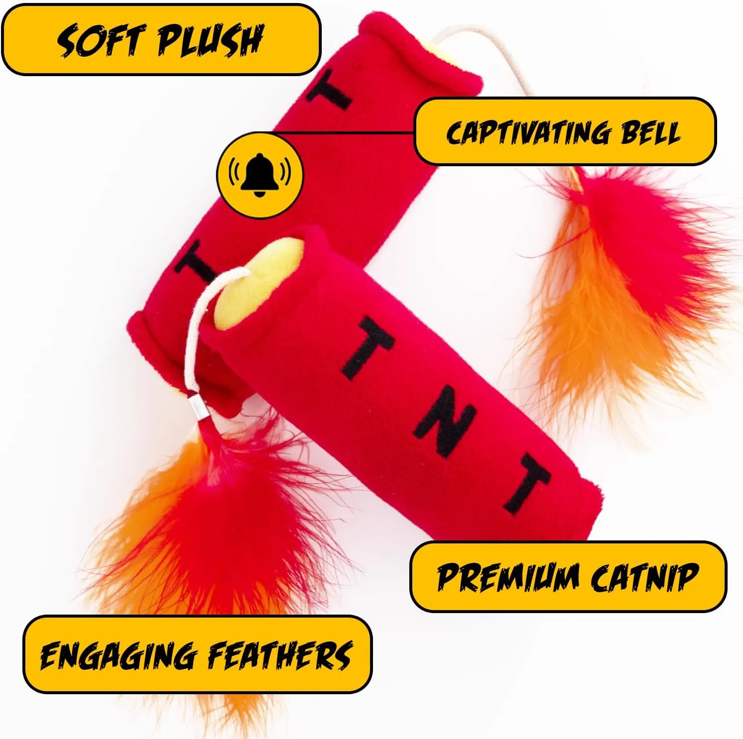 Cat Toy TNT, Cat Toys for Indoor Cats, Kitten Toys, Catnip Toys for Cats of All Breeds with Dangle Feathers and Jingle Sound - Kicking, Biting, Chewing