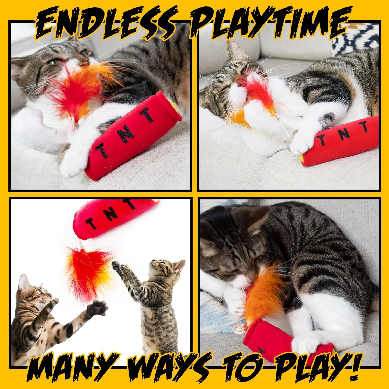 Cat Toy TNT, Cat Toys for Indoor Cats, Kitten Toys, Catnip Toys for Cats of All Breeds with Dangle Feathers and Jingle Sound - Kicking, Biting, Chewing