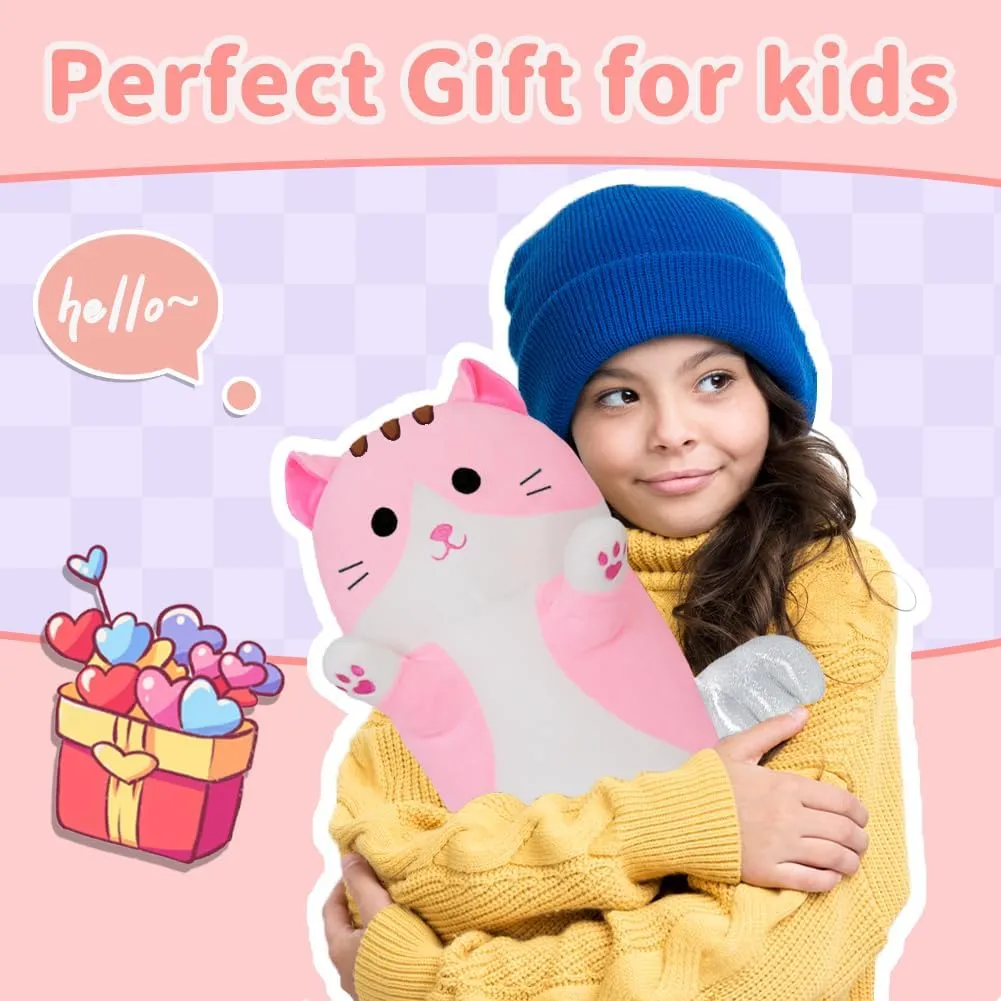 Cute Long Cat Plush Body Pillow, Kawaii Cat Plushie Toys Cuddle Cartoon Stuffed Animals Soft Kitten Throw Pillow Doll Gift for Kids Girls Boys (19.7", Pink)