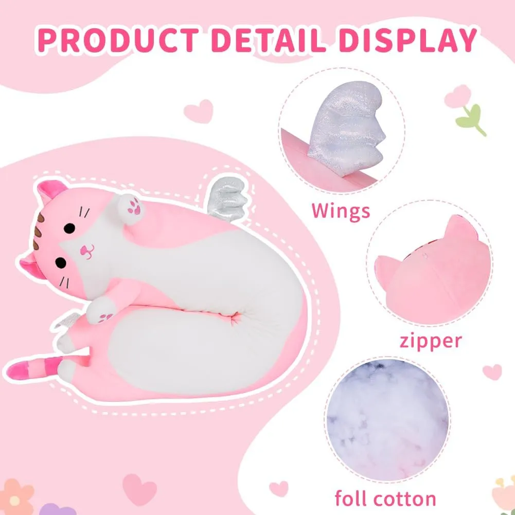 Cute Long Cat Plush Body Pillow, Kawaii Cat Plushie Toys Cuddle Cartoon Stuffed Animals Soft Kitten Throw Pillow Doll Gift for Kids Girls Boys (19.7", Pink)