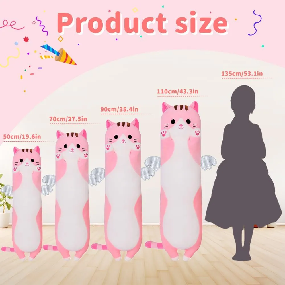 Cute Long Cat Plush Body Pillow, Kawaii Cat Plushie Toys Cuddle Cartoon Stuffed Animals Soft Kitten Throw Pillow Doll Gift for Kids Girls Boys (19.7", Pink)