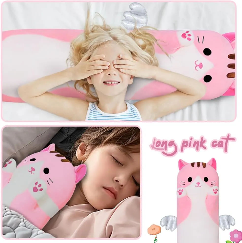 Cute Long Cat Plush Body Pillow, Kawaii Cat Plushie Toys Cuddle Cartoon Stuffed Animals Soft Kitten Throw Pillow Doll Gift for Kids Girls Boys (19.7", Pink)