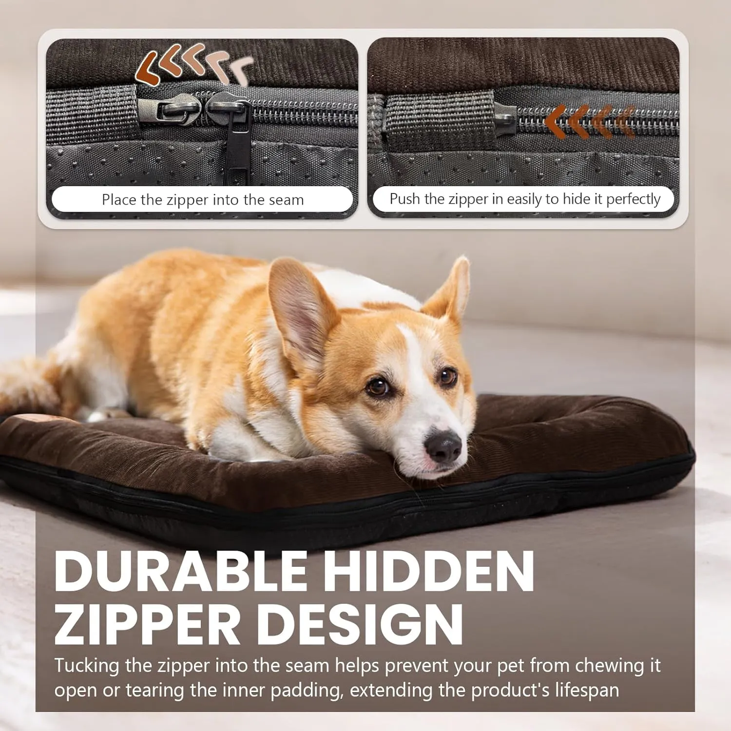 Dog Crate Bed Mat, Indestructible Dog Bed, Washable Chew Proof Cat Mat with Hidden Zipper & Anti-Slip Bottom for Large Medium Small Pet Cozy Sleeping