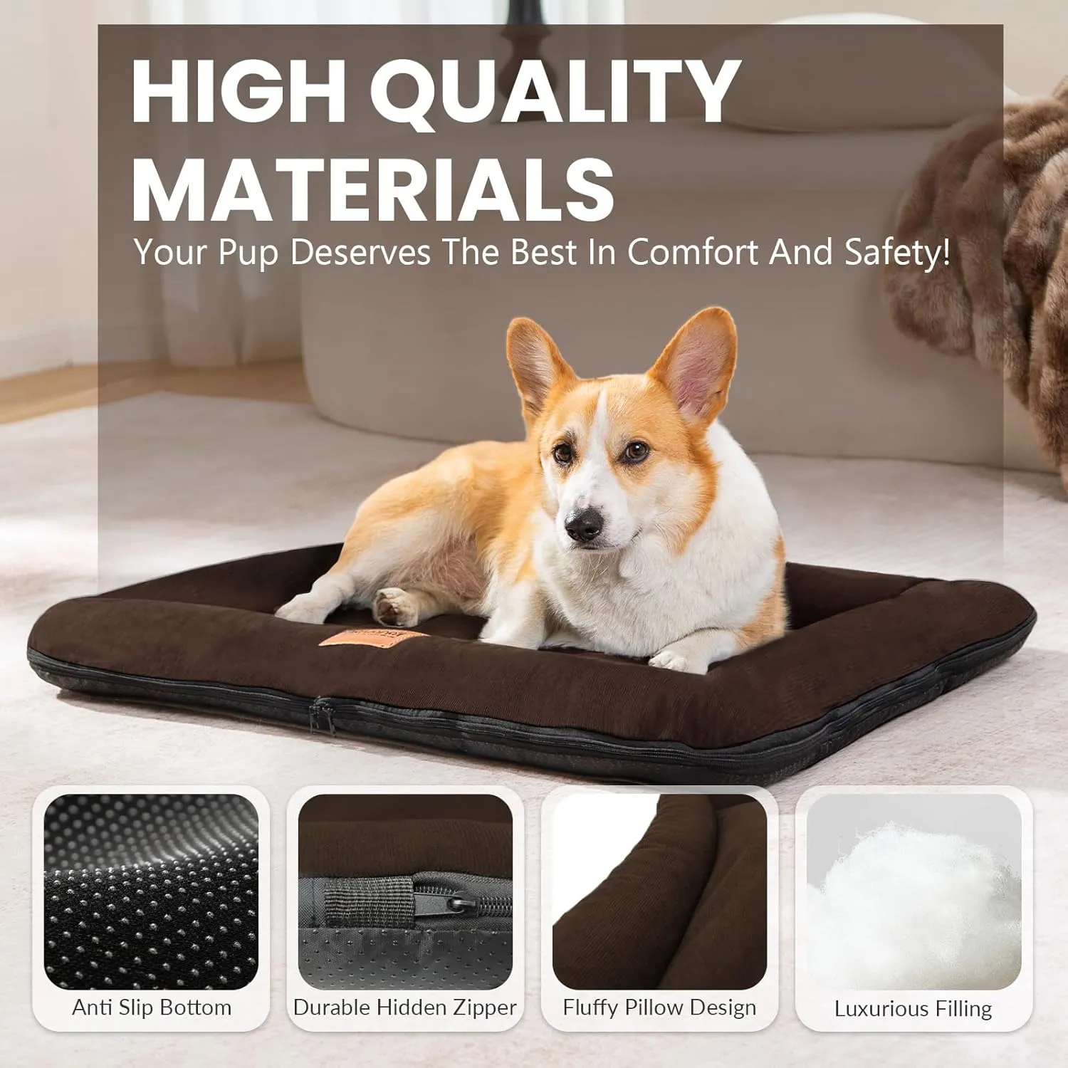 Dog Crate Bed Mat, Indestructible Dog Bed, Washable Chew Proof Cat Mat with Hidden Zipper & Anti-Slip Bottom for Large Medium Small Pet Cozy Sleeping