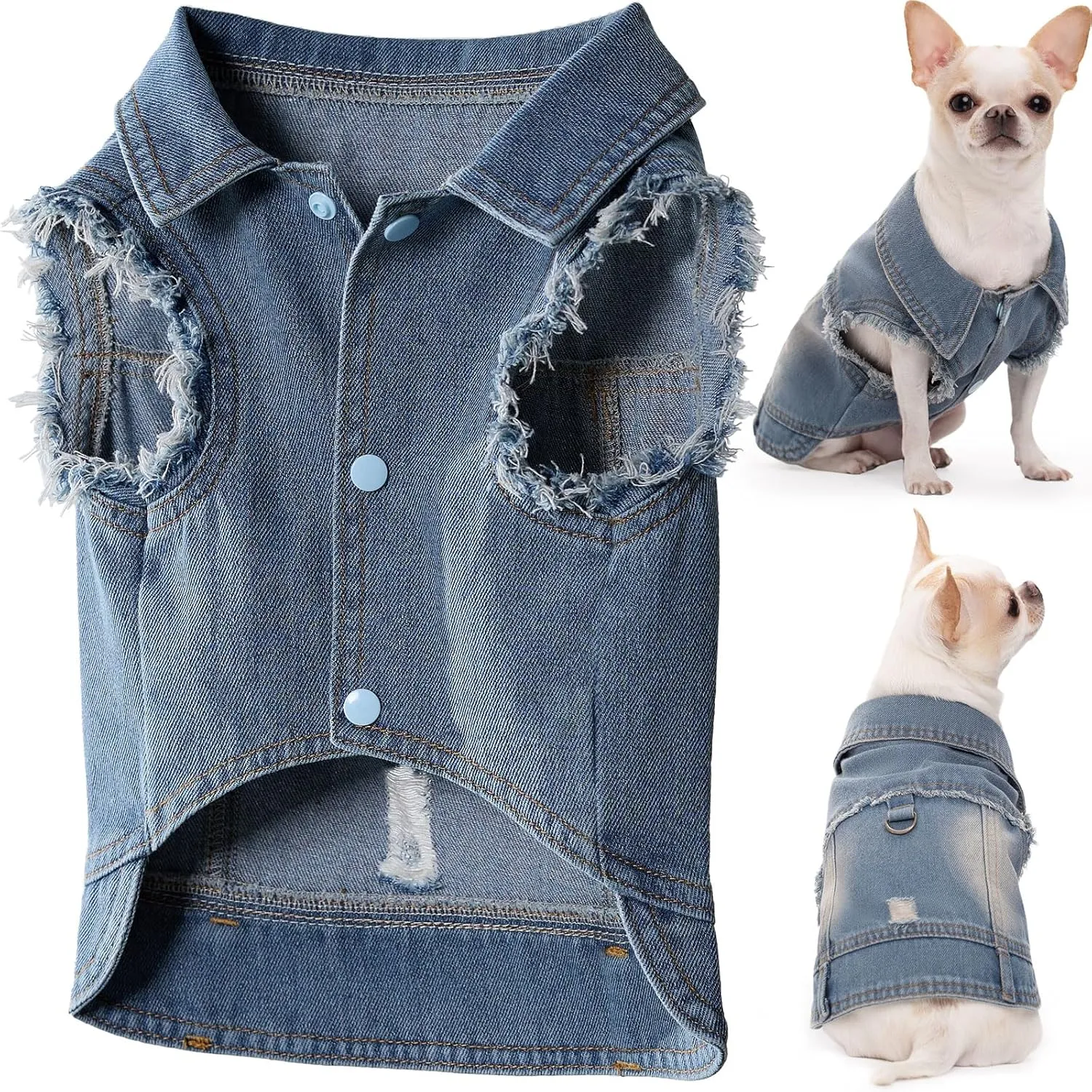 Dog Jean Jacket, Blue Denim Lapel Vest Coat T-Shirt Costume Cute Girl Boy Puppy Clothes, Comfort and Cool Apparel, for Small Medium Dogs Cats, Machine Washable Outfits (Large)