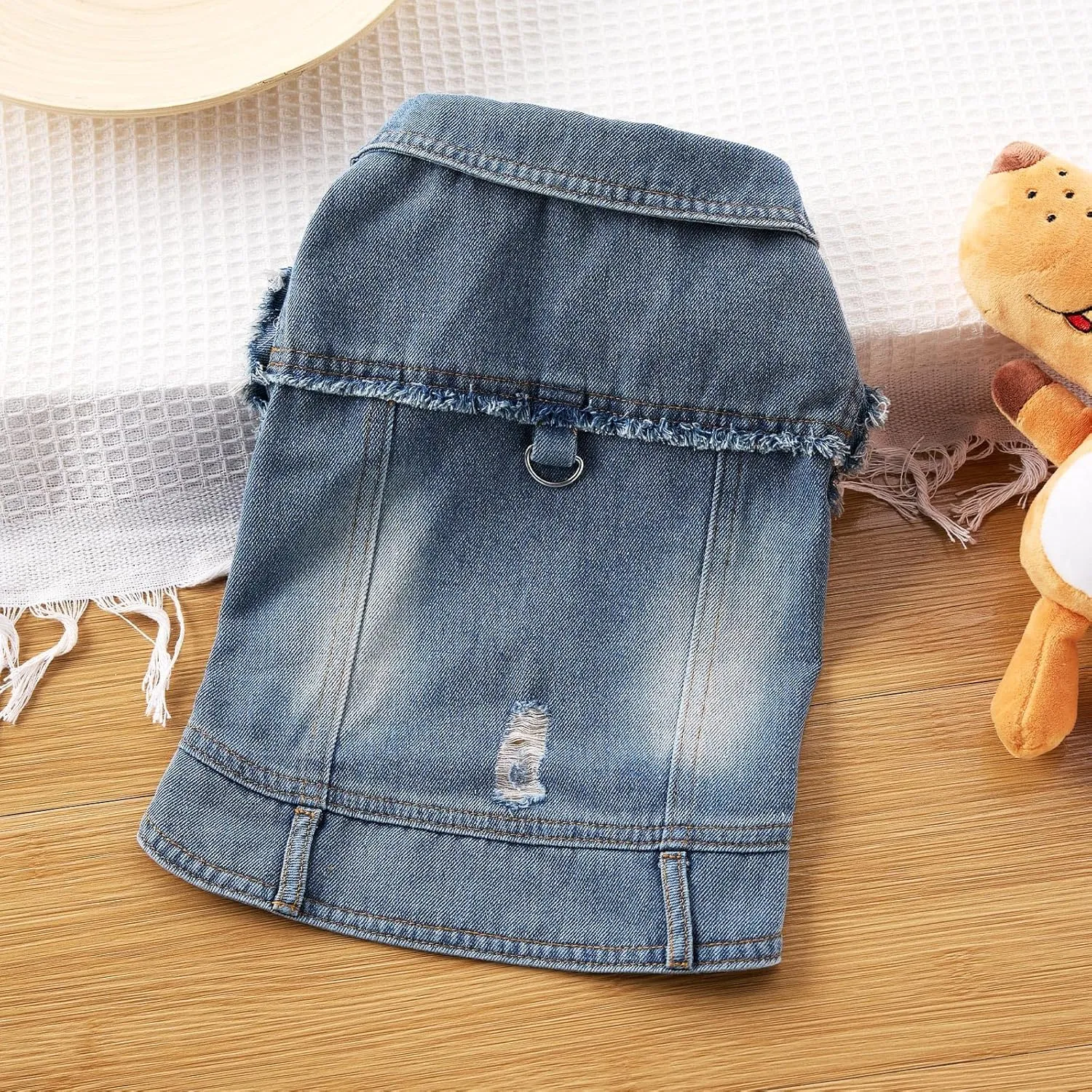 Dog Jean Jacket, Blue Denim Lapel Vest Coat T-Shirt Costume Cute Girl Boy Puppy Clothes, Comfort and Cool Apparel, for Small Medium Dogs Cats, Machine Washable Outfits (Large)