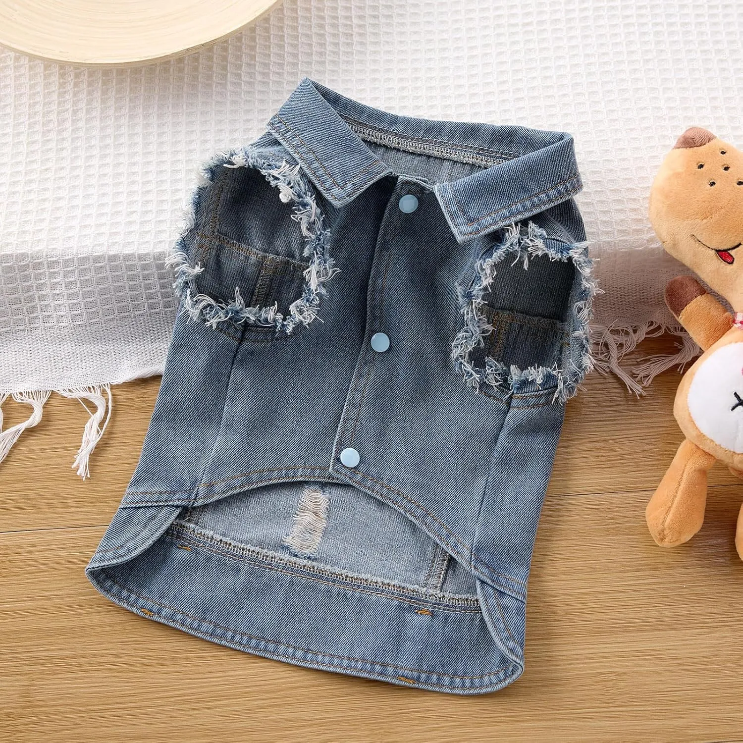 Dog Jean Jacket, Blue Denim Lapel Vest Coat T-Shirt Costume Cute Girl Boy Puppy Clothes, Comfort and Cool Apparel, for Small Medium Dogs Cats, Machine Washable Outfits (Large)