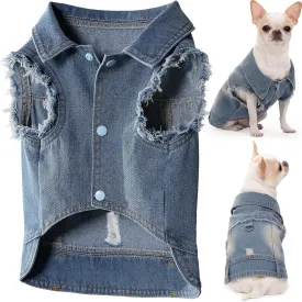 Dog Jean Jacket, Blue Denim Lapel Vest Coat T-Shirt Costume Cute Girl Boy Puppy Clothes, Comfort and Cool Apparel, for Small Medium Dogs Cats, Machine Washable Outfits (Large)