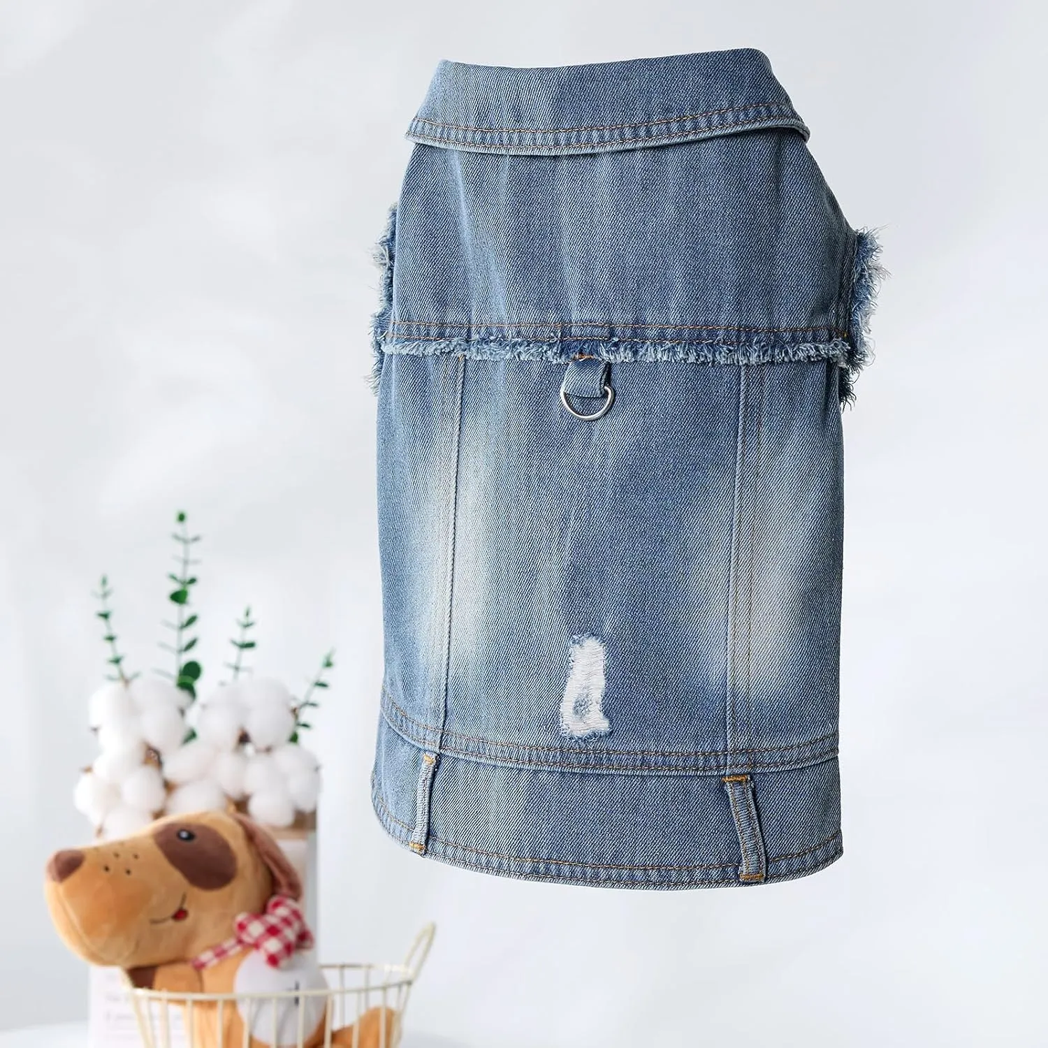 Dog Jean Jacket, Blue Denim Lapel Vest Coat T-Shirt Costume Cute Girl Boy Puppy Clothes, Comfort and Cool Apparel, for Small Medium Dogs Cats, Machine Washable Outfits (Large)
