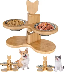 Elevated Cat Bowls, 15 Tilted Raised Dog Bowls with Stand, Height Adjustable Cat Food Bowl with 2 Stainless Steel Bowls, Bamboo Pet Feeder Station for Cats and Puppy