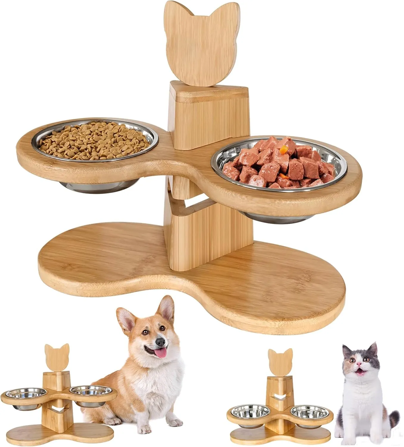 Elevated Cat Bowls, 15 Tilted Raised Dog Bowls with Stand, Height Adjustable Cat Food Bowl with 2 Stainless Steel Bowls, Bamboo Pet Feeder Station for Cats and Puppy
