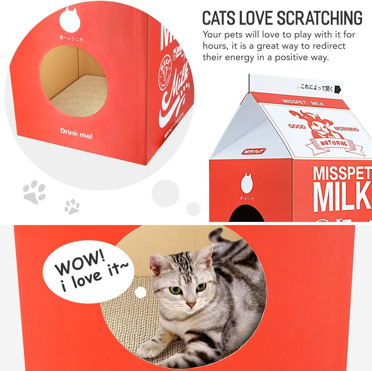 FluffyDream Cat Scratcher Cardboard, Scratching Pad House Bed Furniture Protector, Infinity Shape, Curved (Red, Milk Box)