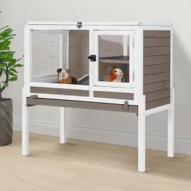 GUTINNEEN Indoor Rabbit Hutch Guinea Pig Cages with Chew-Proof Ramp, 2-Story Wooden Bunny House with Pull-Out Tray & Leakproof PVC Layer, Small Animal Cage with Detachable Legs (Brown)