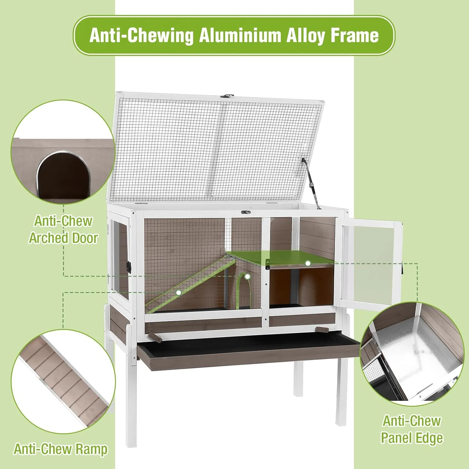 GUTINNEEN Indoor Rabbit Hutch Guinea Pig Cages with Chew-Proof Ramp, 2-Story Wooden Bunny House with Pull-Out Tray & Leakproof PVC Layer, Small Animal Cage with Detachable Legs (Brown)