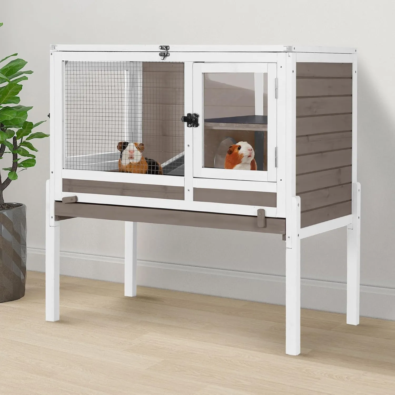 GUTINNEEN Indoor Rabbit Hutch Guinea Pig Cages with Chew-Proof Ramp, 2-Story Wooden Bunny House with Pull-Out Tray & Leakproof PVC Layer, Small Animal Cage with Detachable Legs (Brown)