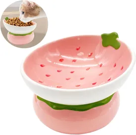 Hamiledyi Ceramic Raised Cat Bowls 15 Tilted Elevated Kitten Food Water Bowl Shallow Whisker Fatigue Kitty Dish Fruit Pet Feeding Bowls Feeder for Indoor Cats Small Dog (Pink Strawberry)