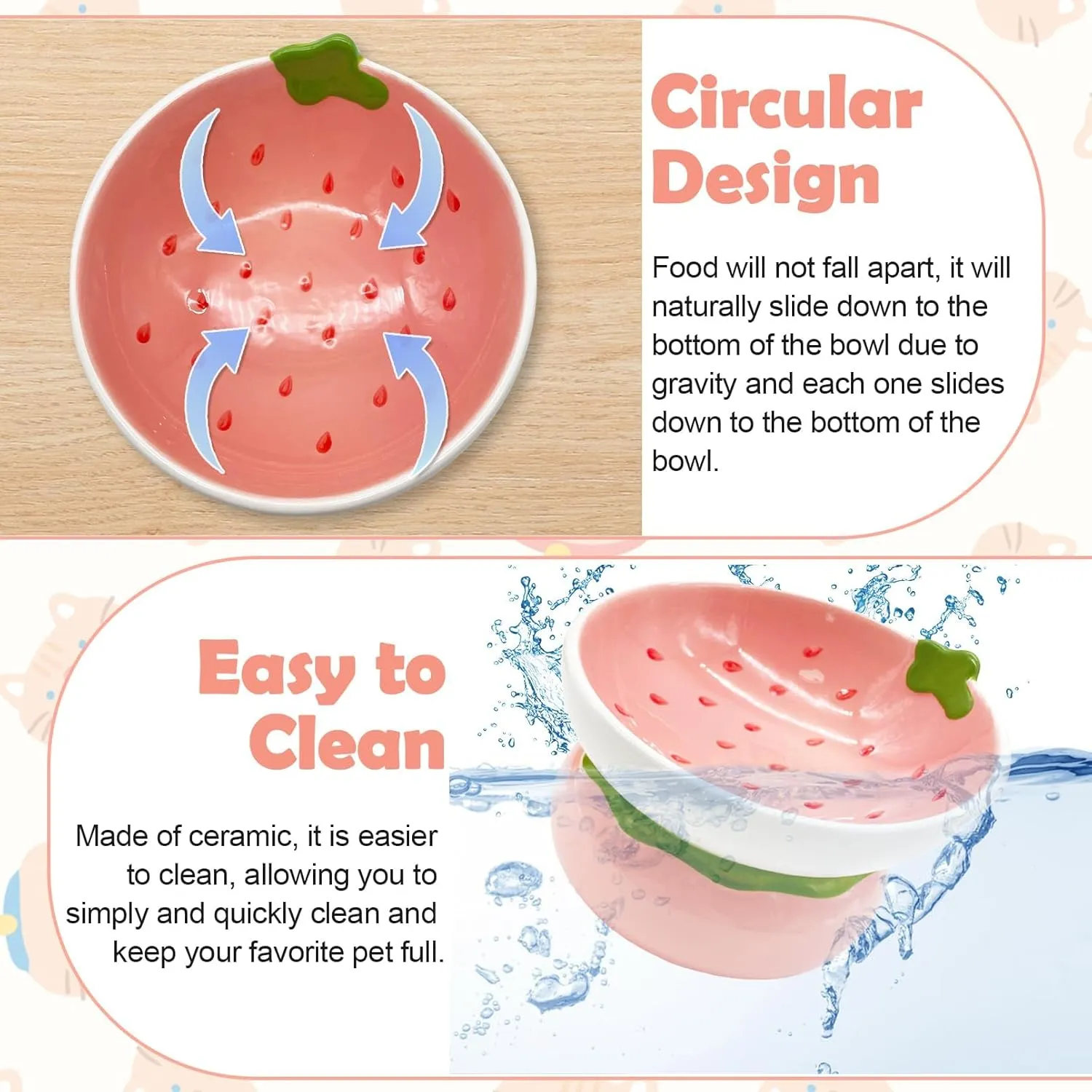Hamiledyi Ceramic Raised Cat Bowls 15 Tilted Elevated Kitten Food Water Bowl Shallow Whisker Fatigue Kitty Dish Fruit Pet Feeding Bowls Feeder for Indoor Cats Small Dog (Pink Strawberry)