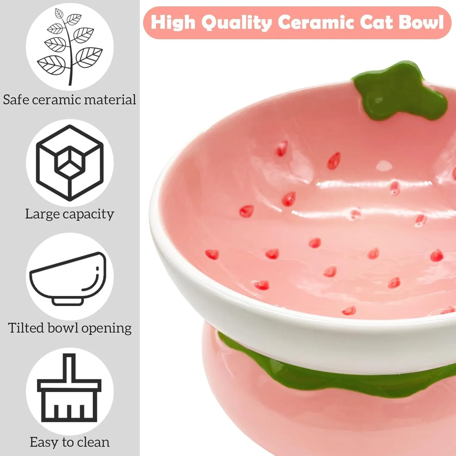 Hamiledyi Ceramic Raised Cat Bowls 15 Tilted Elevated Kitten Food Water Bowl Shallow Whisker Fatigue Kitty Dish Fruit Pet Feeding Bowls Feeder for Indoor Cats Small Dog (Pink Strawberry)