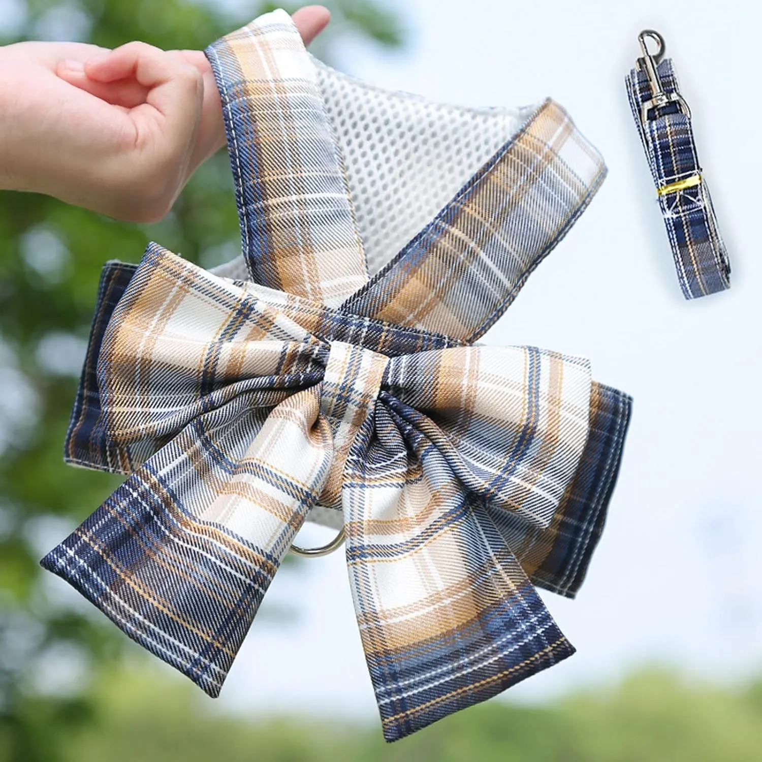Harness and Leash Set, Cute Bow Tie Plaid Harnesses for Puppy Cat, Adjustable Pet Kitties Vest, Breathable Harness Traction Rope for Boy Girl Small Animal(Harness Navy Blue,XL for 12.1-15.4lbs Dog)