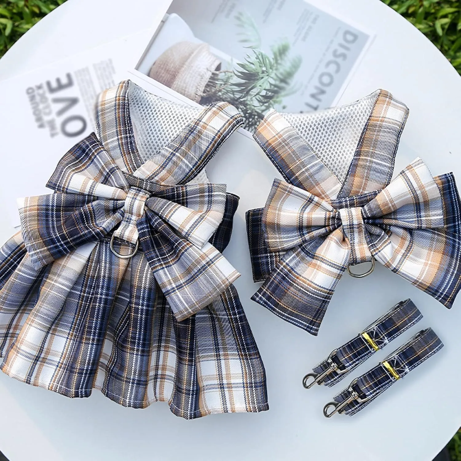 Harness and Leash Set, Cute Bow Tie Plaid Harnesses for Puppy Cat, Adjustable Pet Kitties Vest, Breathable Harness Traction Rope for Boy Girl Small Animal(Harness Navy Blue,XL for 12.1-15.4lbs Dog)