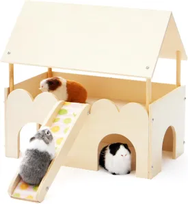 Large Wooden Guinea Pig Castle - 2-Tier Small Animal House with Ramp, Easy to Install for Chinchillas, Hedgehogs