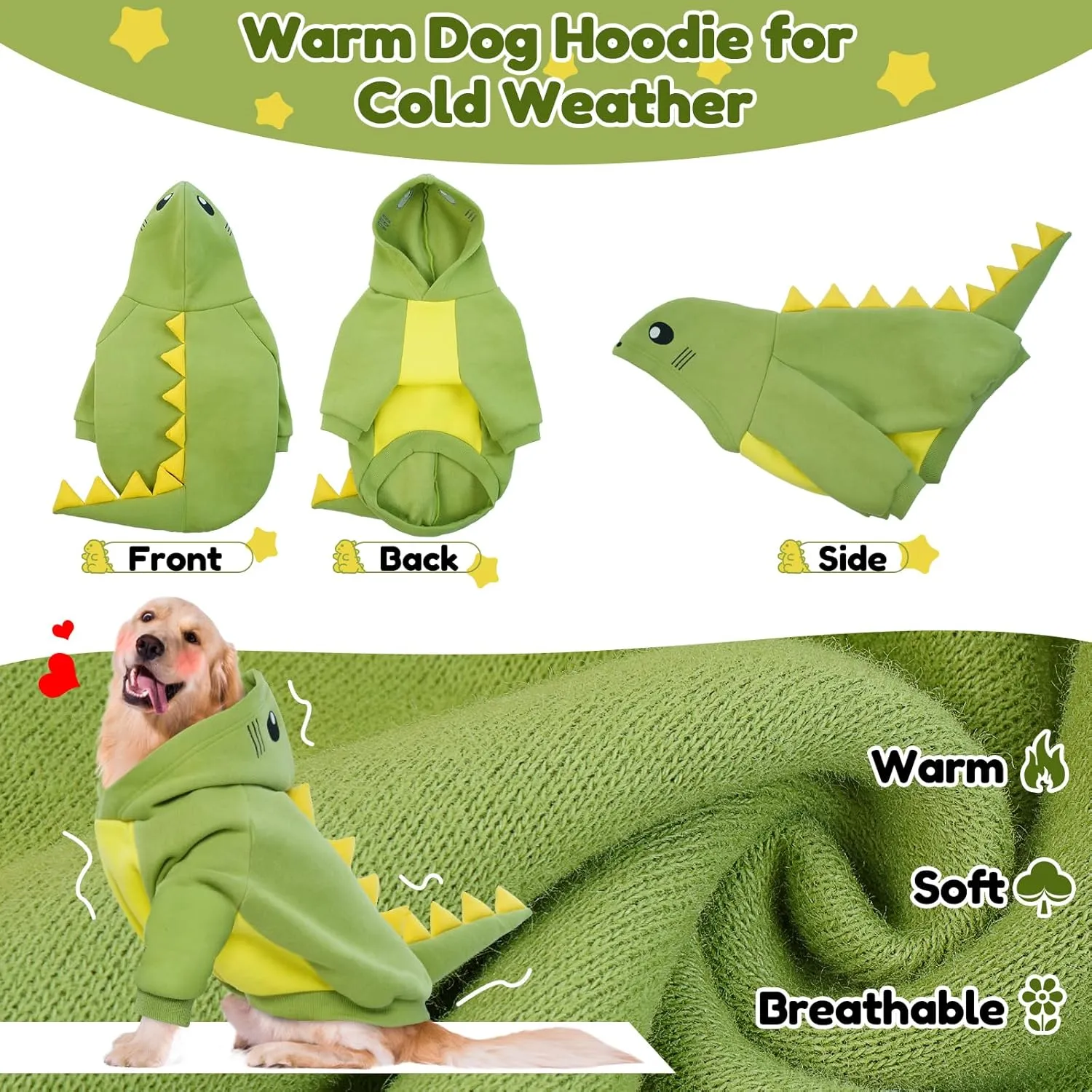 LeLePet Dinosaur Costume - Small Dog Halloween Costume, Warm Fleece Hoodie for Small Dogs, Thick Sweatshirt, French Bulldog, Beagle, Lab, Dachshund, Greyhound, Pitbull, Green XS-2XL