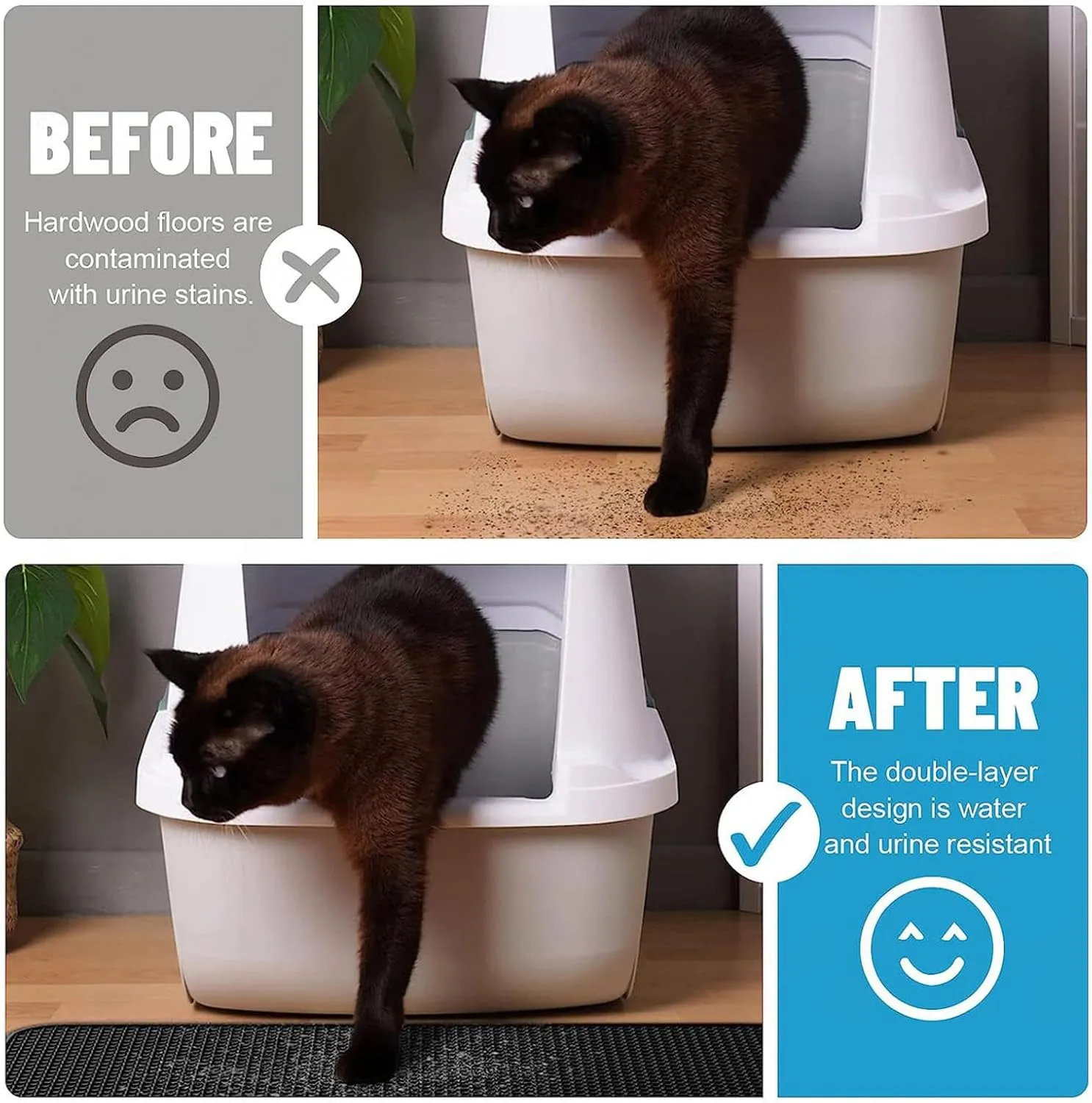 Litter Mat, Honeycomb Double Layer Easy Clean Cat Litter Box Mat Less Waste,Soft On Paws,Non-Slip, Cat Litter Trap Mats,Black-L