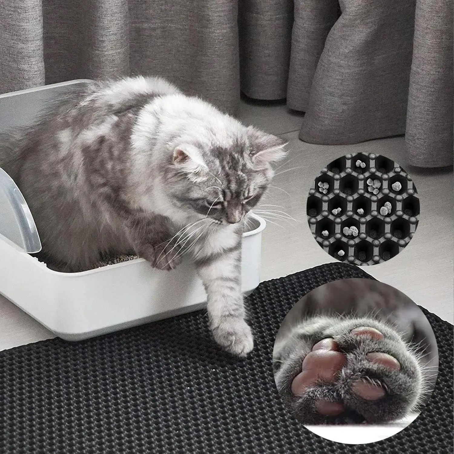 Litter Mat, Honeycomb Double Layer Easy Clean Cat Litter Box Mat Less Waste,Soft On Paws,Non-Slip, Cat Litter Trap Mats,Black-L
