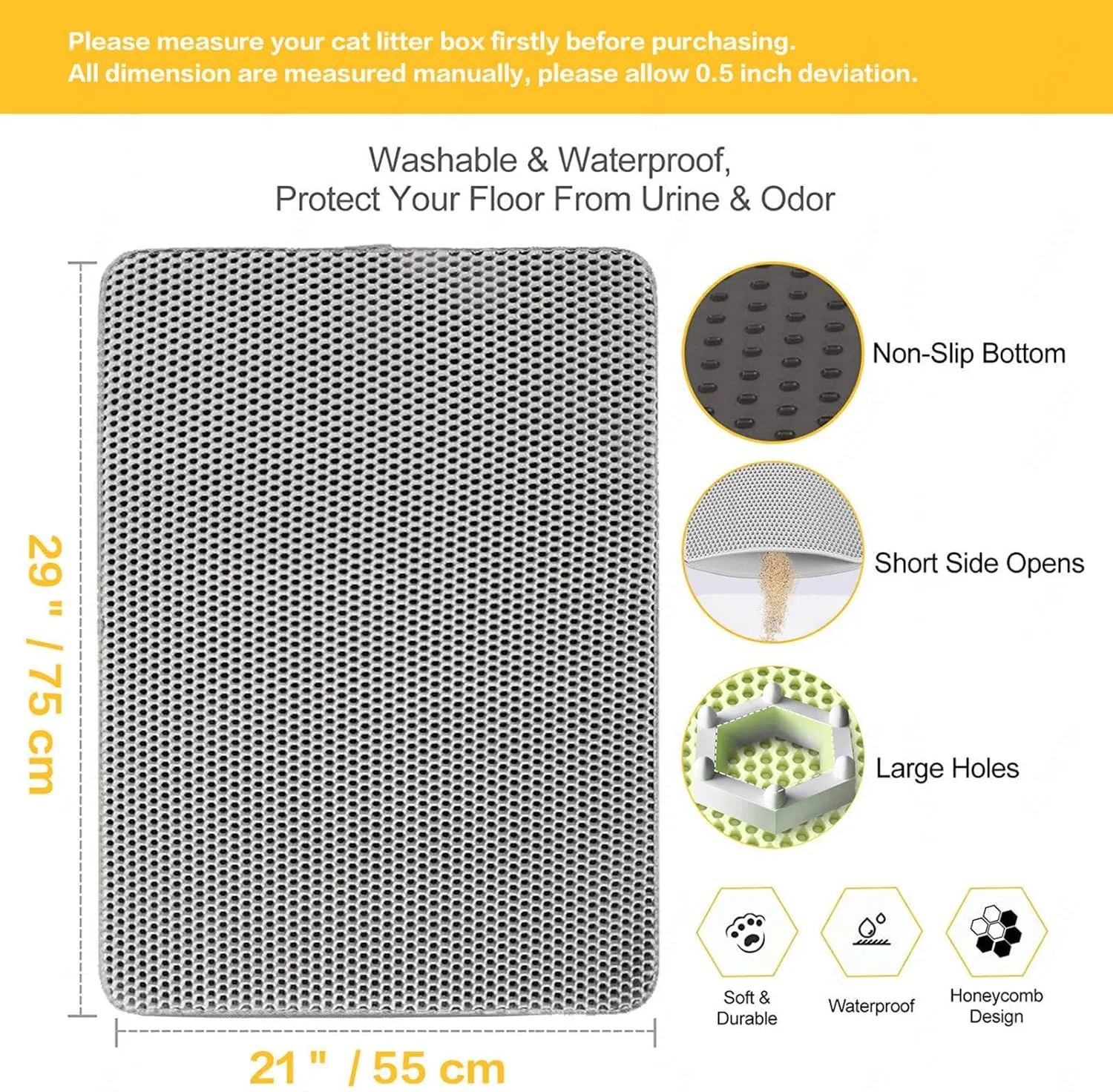 Litter Mat, Honeycomb Double Layer Easy Clean Cat Litter Box Mat Less Waste,Soft On Paws,Non-Slip, Cat Litter Trap Mats,Black-L