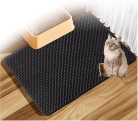 Litter Mat, Honeycomb Double Layer Easy Clean Cat Litter Box Mat Less Waste,Soft On Paws,Non-Slip, Cat Litter Trap Mats,Black-L