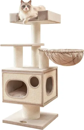 Maine Coon Cat Tree Tower for Indoor Cats Large Adult,44.5 Inch Tall Unique Modern Cat Tree with Hammock,Sisal Scratching Post,Big Condo,Perch,Bed,Heavy Duty Luxury Sturdy Cat House,Furniture