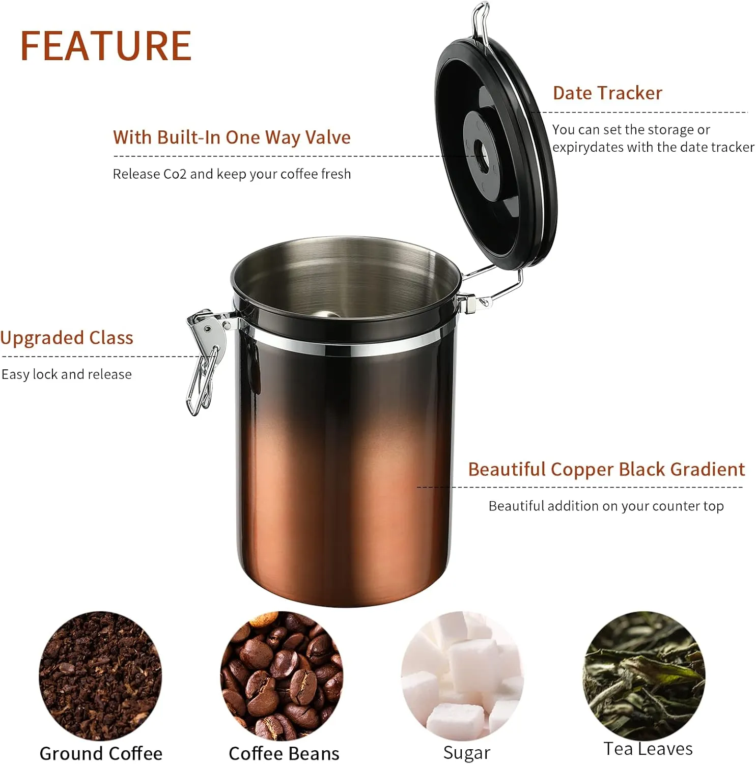 malmo Coffee Canister, Airtight Coffee Container with Date Tracker Lid, Stainless Steel Canister for Kitchen Food Storage, Black Copper Gradient